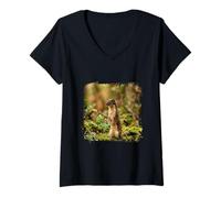 Women's Curious Stoat Forest Wildlife Minimal Nature Scene Design V-Neck T-Shirt