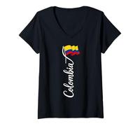 Women's Cursive Colombia Calligraphy with Waving Flag V-Neck T-Shirt