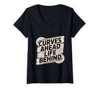 Womens Curves Ahead Life Behind Open Road Driving Fan V-Neck T-Shirt