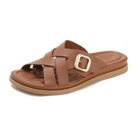 Women's Cushioned Flat Slides Cross Strap Sandals Open Toe Comfort Casual Shoes for Walking & Daily Wear PU Rubber,Brown,6 UK