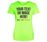 Womens Custom Activewear T Shirt Ladies Fit Polyester Gym Sports Any Text Image Personalised Printed Logo Marathon Run Running Club Photo Tee, L, Electric Green