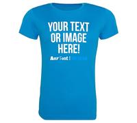 Womens Custom Activewear T Shirt Ladies Fit Polyester Gym Sports Any Text Image Personalised Printed Logo Marathon Run Running Club Photo Tee, M, Sapphire Blue