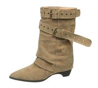 Womens Cut Out Ankle Boot, Women's Pointed Toe Fold Over Biker Mid Calf Boots Belt Buckle Chunky Heel Short Motorcycle Ankle Combat Booties Suede/Leather Plian Dress Elegant Shoe Footwear Khaki