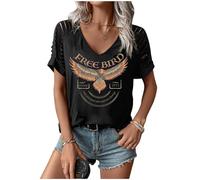 Womens Cut Out Cold Shoulder T Shirts Boho Floral Graphic Tshirts Nashville Country Lacerated Sleeve Cowgirls Tee Tops, Free Bird Black, M
