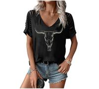 Womens Cut Out Cold Shoulder T Shirts Boho Floral Graphic Tshirts Nashville Country Lacerated Sleeve Cowgirls Tee Tops, Cow Skull Black, XXL