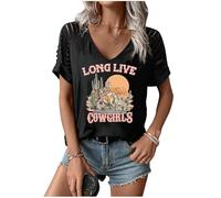 Womens Cut Out Cold Shoulder T Shirts Boho Floral Graphic Tshirts Nashville Country Lacerated Sleeve Cowgirls Tee Tops, Cowgirl Black, L