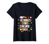 Women's Cut Out Letters : Delulu Mind Happy Life, Ransom Note Style V-Neck T-Shirt