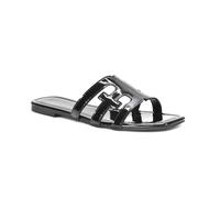 Women's Cut Out Slider Ladies Flat Slip On Holiday Casual Open Toe Strappy Black Patent Synthetic Leather Mule Sandals Size 3