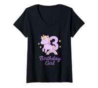 Womens Cute 3rd Birthday Girl Unicorn Rainbow Party Design V-Neck T-Shirt