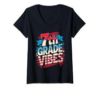 Women's Cute 7th Grade Vibes Teacher Bruh We Back Patriotic Boy Girl V-Neck T-Shirt