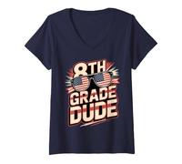 Women's Cute 8th Grade Dude Cool America Teacher Future Heroes Crew V-Neck T-Shirt
