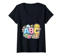 Women's Cute ABC Alphabet Learning Preschool Kindergarten Kids V-Neck T-Shirt
