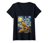 Women's Cute Adorable Bearded Dragon Van Gogh Starry Night Inspired V-Neck T-Shirt