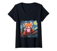 Women's Cute Adorable Red Panda Holding Heart Van Gogh Inspired V-Neck T-Shirt