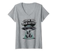 Womens Cute Alien Show ME Your Kitties Cat Lover Owner Animal Mom V-Neck T-Shirt
