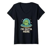 Womens Cute Alien UFO Art with Funny I'm Outta Here Space V-Neck T-Shirt