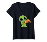Womens Cute Alien with Pizza Slice Fast Food V-Neck T-Shirt