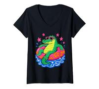Women's Cute Alligator On Pool Float Cartoon Summer Vacation V-Neck T-Shirt