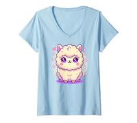 Womens Cute Alpaca Kawaii Style Simple Fluffy Alpaca Japanese Style V-Neck T-Shirt