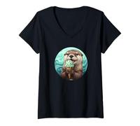 Women's Cute and Sweet Otter EATS STRACCIATELLA ICE Cream V-Neck T-Shirt