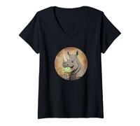 Women's Cute and Sweet Rhino EATS Green ICE Cream V-Neck T-Shirt