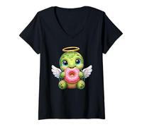 Women's Cute Angel Turtle with Donut Cartoon Design V-Neck T-Shirt
