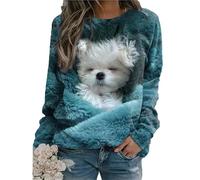 Women's Cute Animal Dog 3D Printed T-Shirt Long Sleeve Funny Graphic Pullover Sweater Sweatshirts Clothing Blue