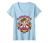 Womens Cute Armenian Girl in Flag Dress with Pomegranates for Kids V-Neck T-Shirt