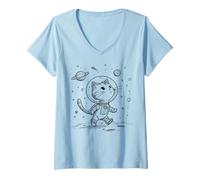 Women's Cute Astronaut Cat Space Explorer Kitty Walking Moon V-Neck T-Shirt