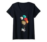 Women's Cute Astronaut Floating with Planet Balloons Space Design V-Neck T-Shirt
