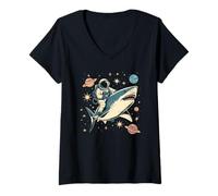 Womens Cute Astronaut Riding Shark in Space Girl Science Trip Beach V-Neck T-Shirt