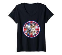 Women's Cute Australian Shepherd Dog Puppy England UK Flag V-Neck T-Shirt