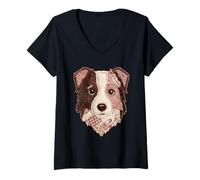 Women's Cute Australian Shepherd Patchwork Floral Dog Boho Folk Art V-Neck T-Shirt