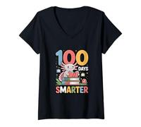 Women's Cute Axolotl 100 Days Smarter School Kids V-Neck T-Shirt
