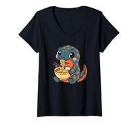 Women's Cute Axolotl Eating Ramen Kawaii Art V-Neck T-Shirt