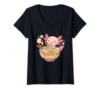 Women's Cute Axolotl Eats Ramen Noodles Axolotls Kawaii Graphic V-Neck T-Shirt