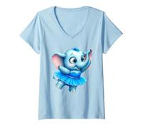 Women's Cute Baby Elephant Ballerina Blue Tutu V-Neck T-Shirt