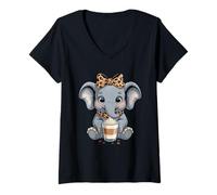 Women's Cute Baby Elephant Coffee Lover Latte Art V-Neck T-Shirt