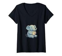 Women's Cute Baby Elephant Reading Map Travel Adventure Explorer V-Neck T-Shirt