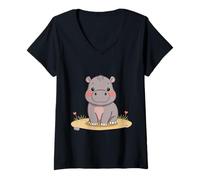 Womens Cute Baby Hippo Pygmy V-Neck T-Shirt
