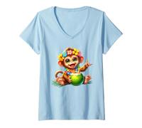 Women's Cute Baby Monkey Hawaiian Vacation Coconut Drink V-Neck T-Shirt