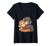 Women's Cute Baby Monkey Named Punch Plush Hugging V-Neck T-Shirt