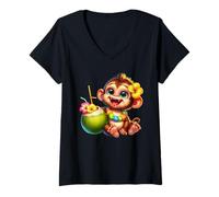 Women's Cute Baby Monkey Tropical Coconut Drink Fun V-Neck T-Shirt