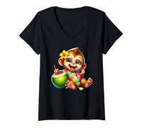 Women's Cute Baby Monkey Tropical Drink Hawaiian Vacation V-Neck T-Shirt