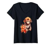 Women's Cute Baby Monkey Tropical Flowers Watercolor Art V-Neck T-Shirt