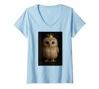 Womens Cute Baby Owl with Tiny Crown Whimsical Forest Art Print V-Neck T-Shirt