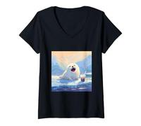 Women's Cute Baby Seal Drinking Bubble Tea Arctic Ice V-Neck T-Shirt