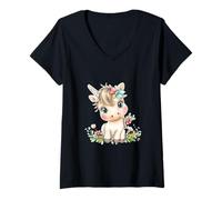 Womens Cute Baby Unicorn with Flowers - Kawaii Pastel Pony V-Neck T-Shirt