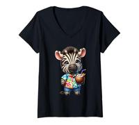 Women's Cute Baby Zebra Tropical Summer Vacation Drink V-Neck T-Shirt