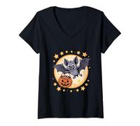 Womens Cute Bat Halloween Trick Or Treat with Pumpkin Moon V-Neck T-Shirt
